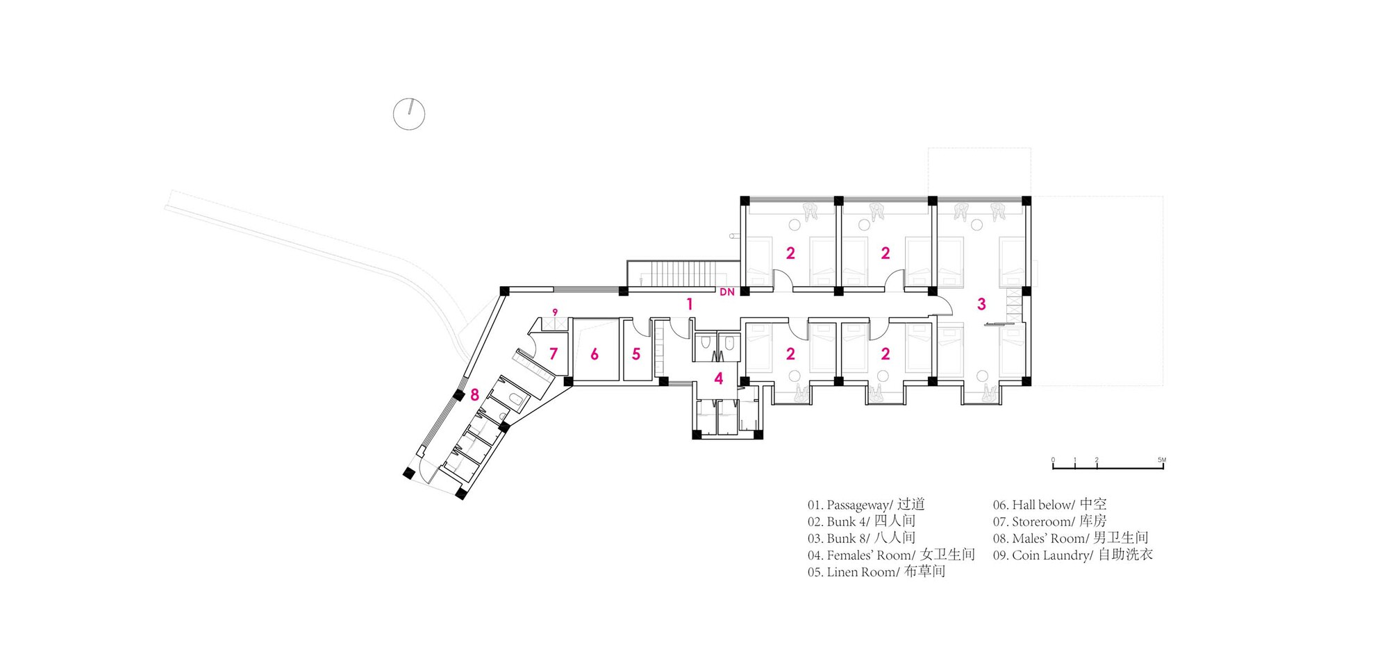 Floor plan drawing showing the dormitory wing with multiple sleeping rooms along a corridor