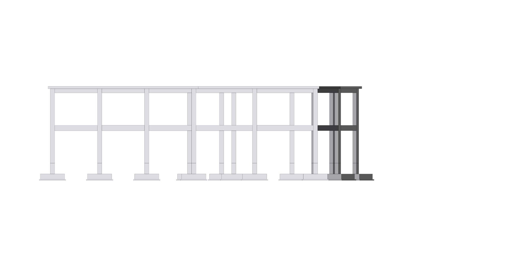 Elevation drawing showing the structural frame with raised floor and one darkened end volume
