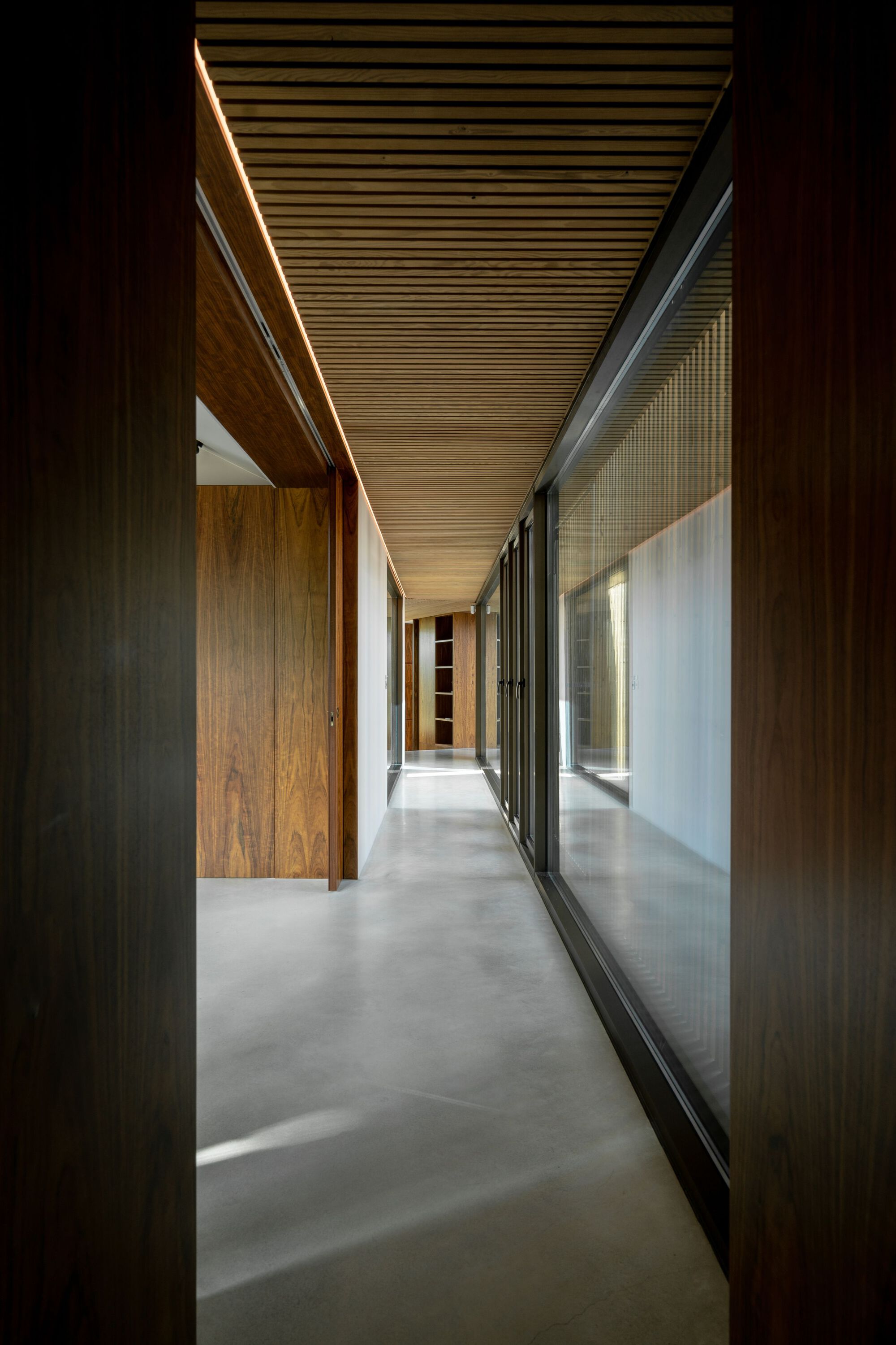 Timber-lined corridor with polished concrete floor and continuous glazing along one side