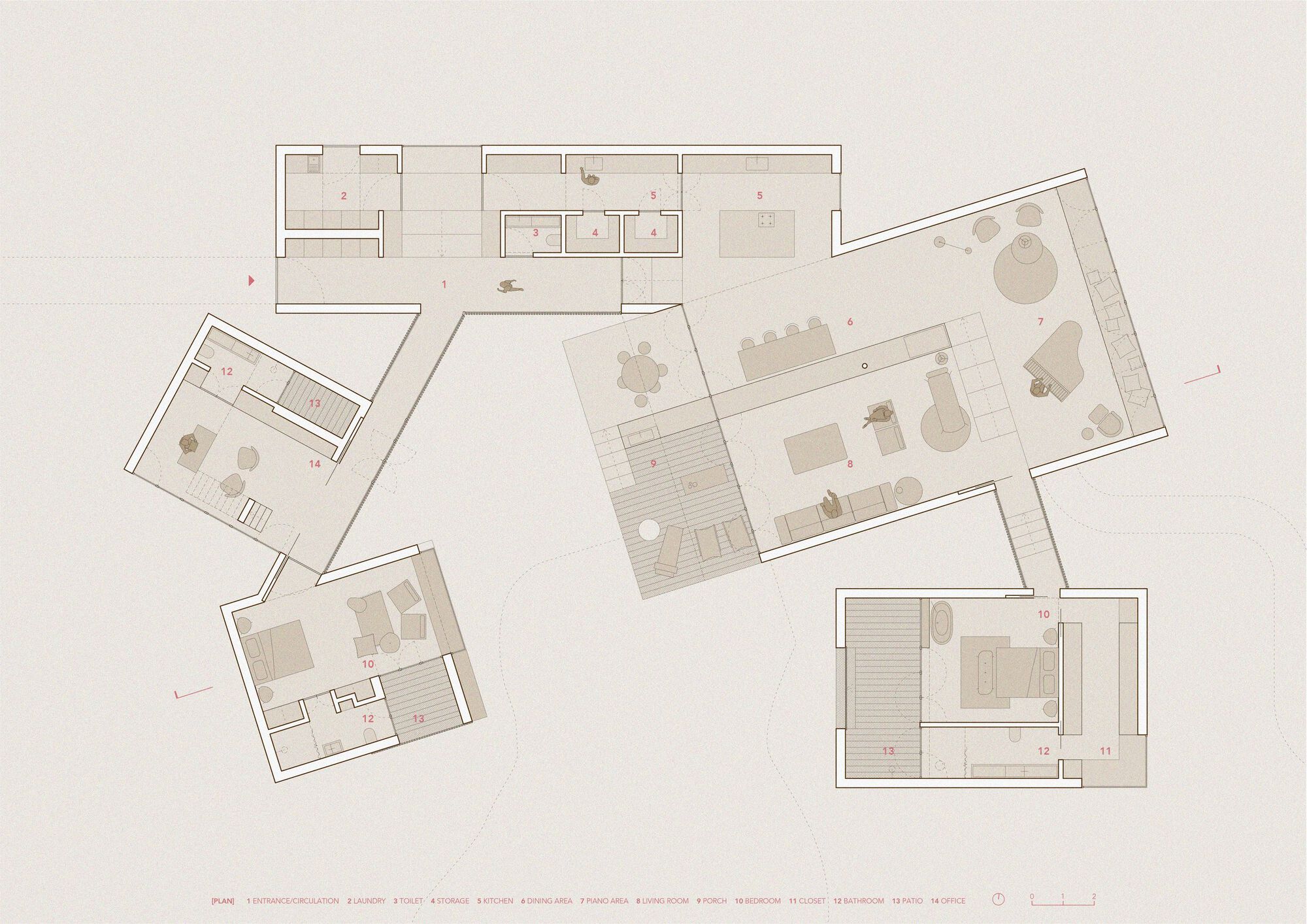 Floor plan drawing showing four interconnected pavilions with interior furnishings and material transitions between spaces
