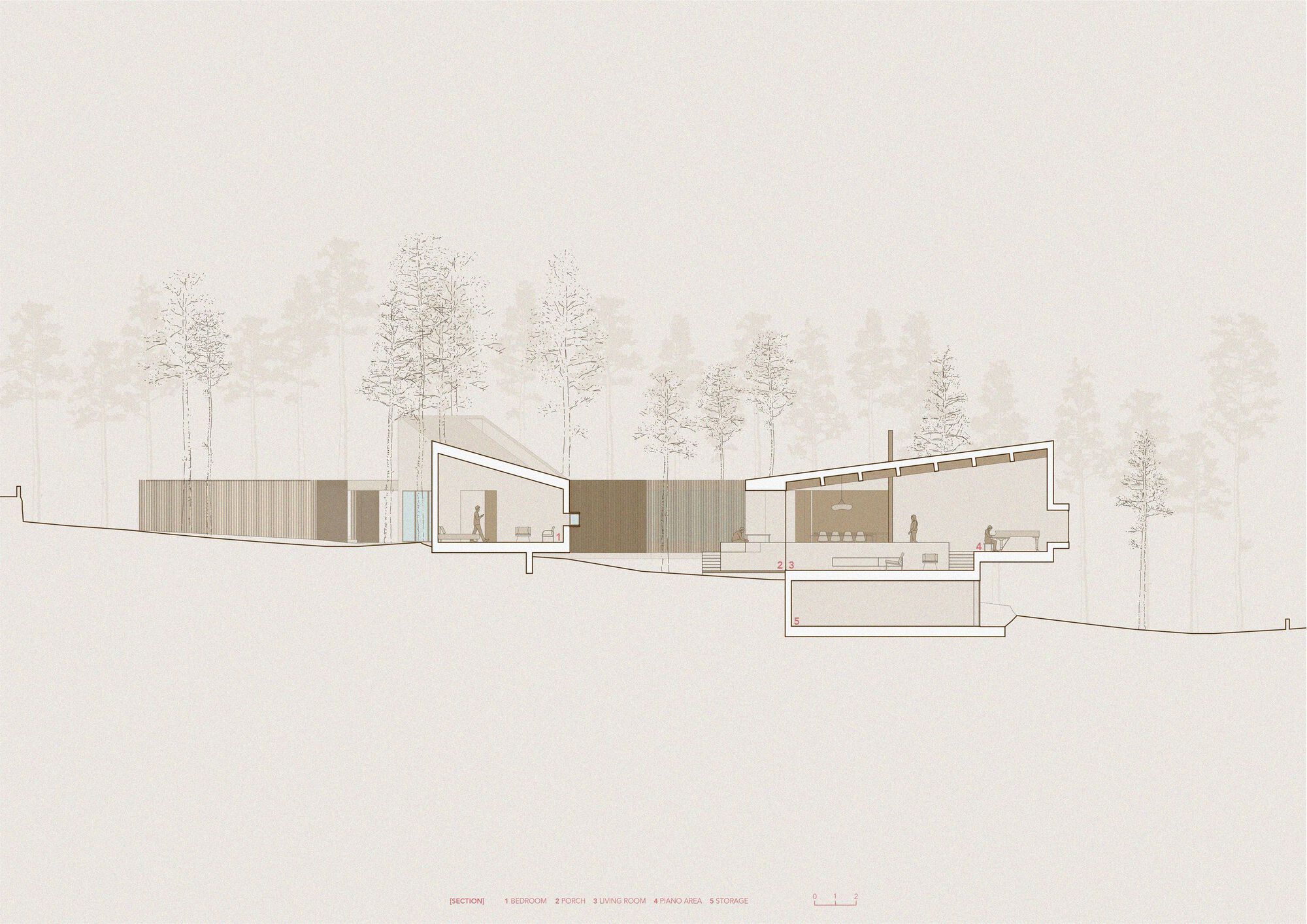 Section drawing revealing split-level interior spaces beneath angled rooflines with figures and forest backdrop