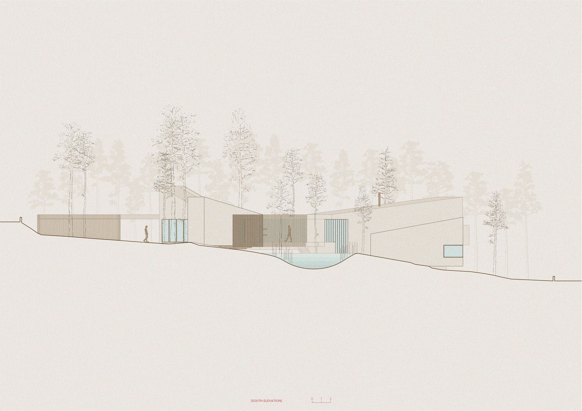 Elevation drawing depicting linear volumes with glazed entry and outdoor pool set into sloping terrain