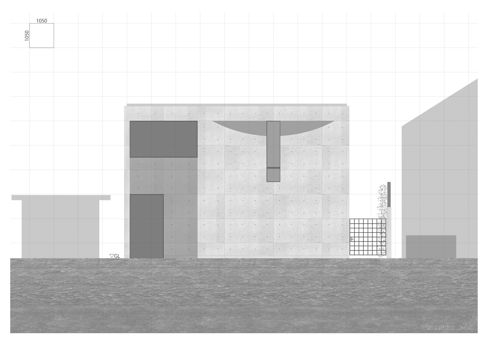 Elevation drawing depicting concrete wall with curved overhang, rectangular openings and adjacent gridded screen element