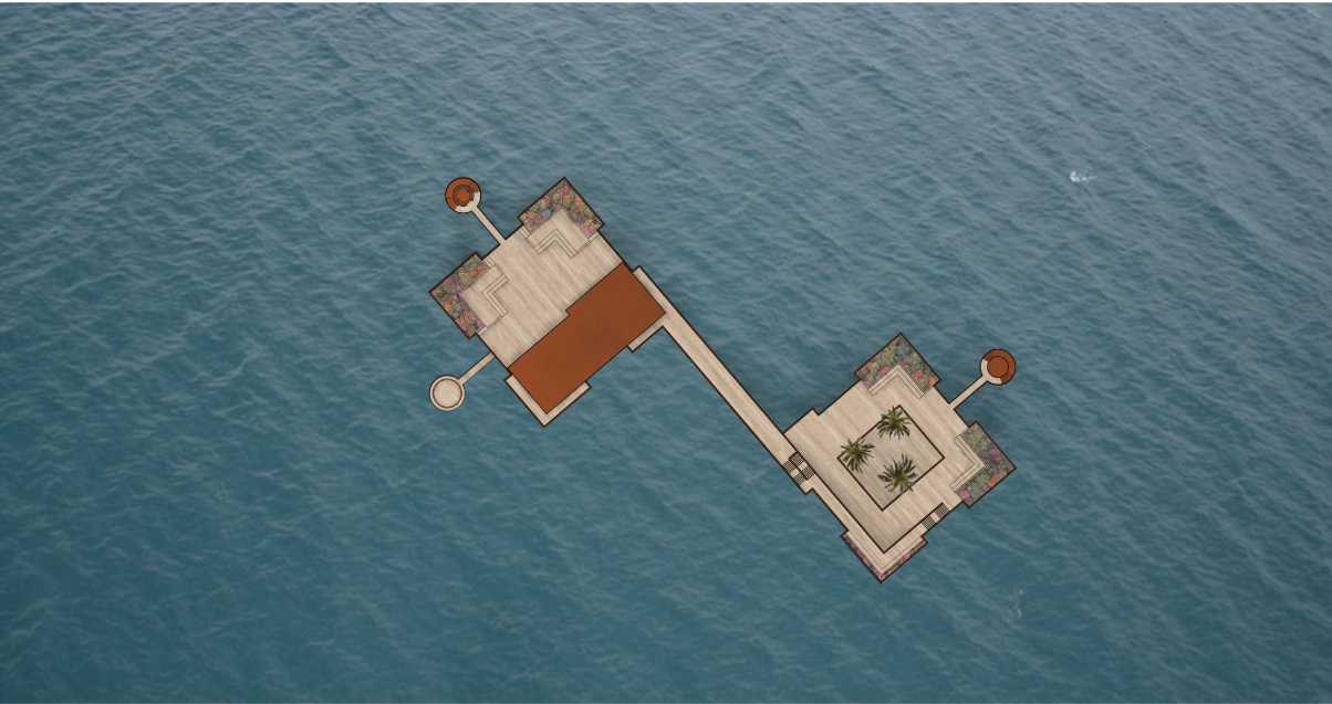 Floating artificial island reimagined through adaptive reuse architecture in the Adriatic Sea.