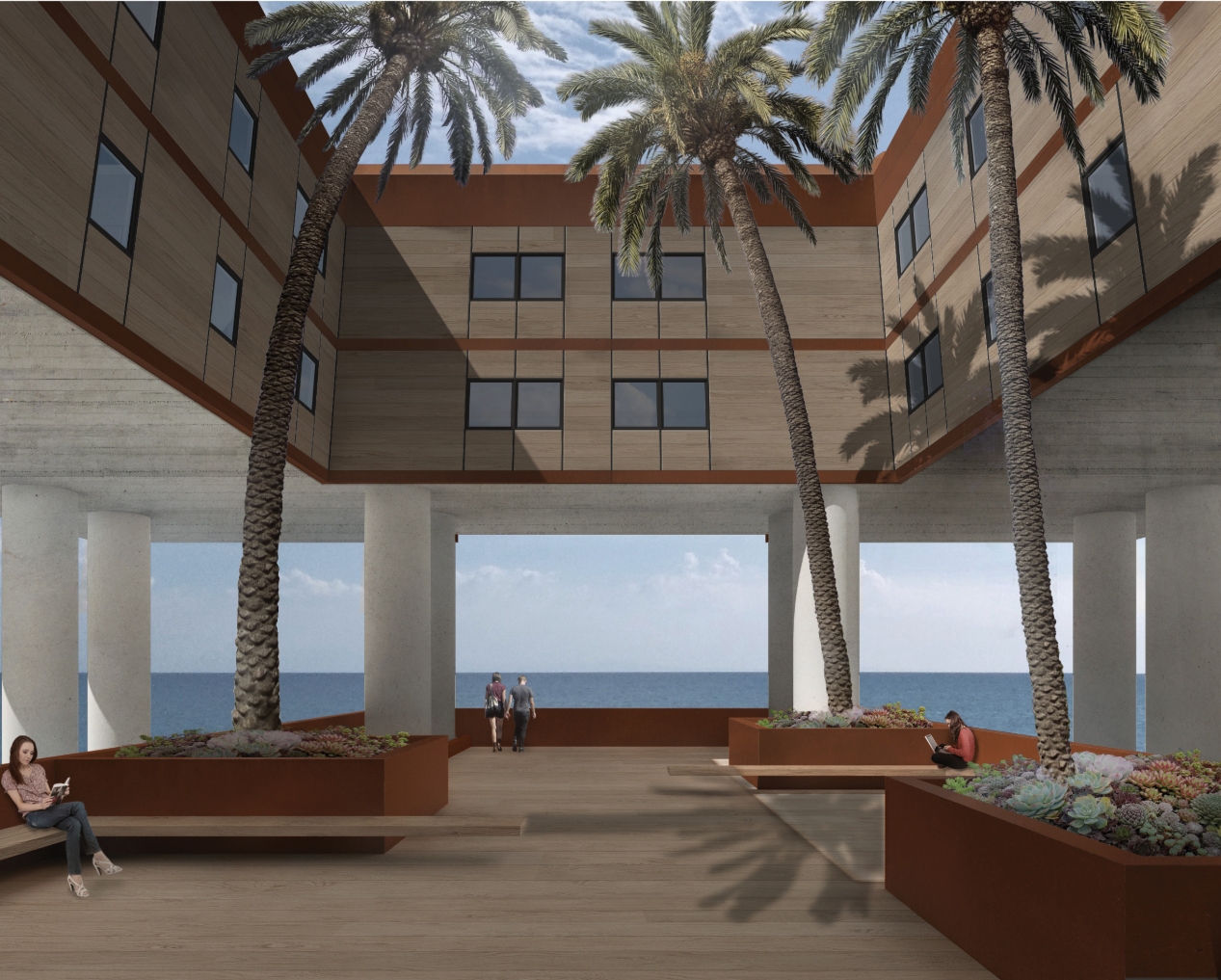 Palm-filled internal courtyard creates a tranquil living environment above the offshore structure.