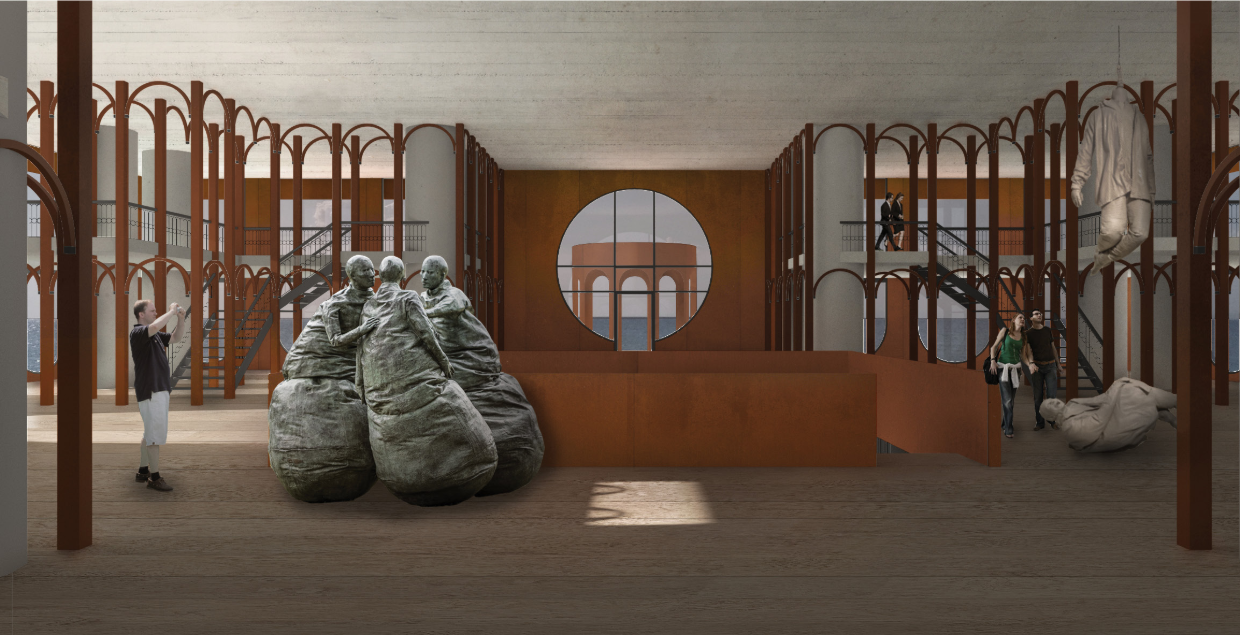 Monumental museum interiors merge industrial heritage with immersive exhibition architecture.