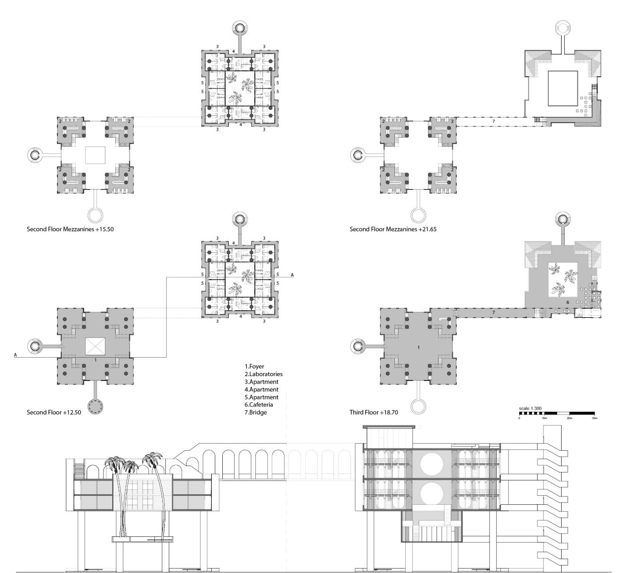 Architectural elevations and rooftop plans reveal the transformation of the offshore oil rig.