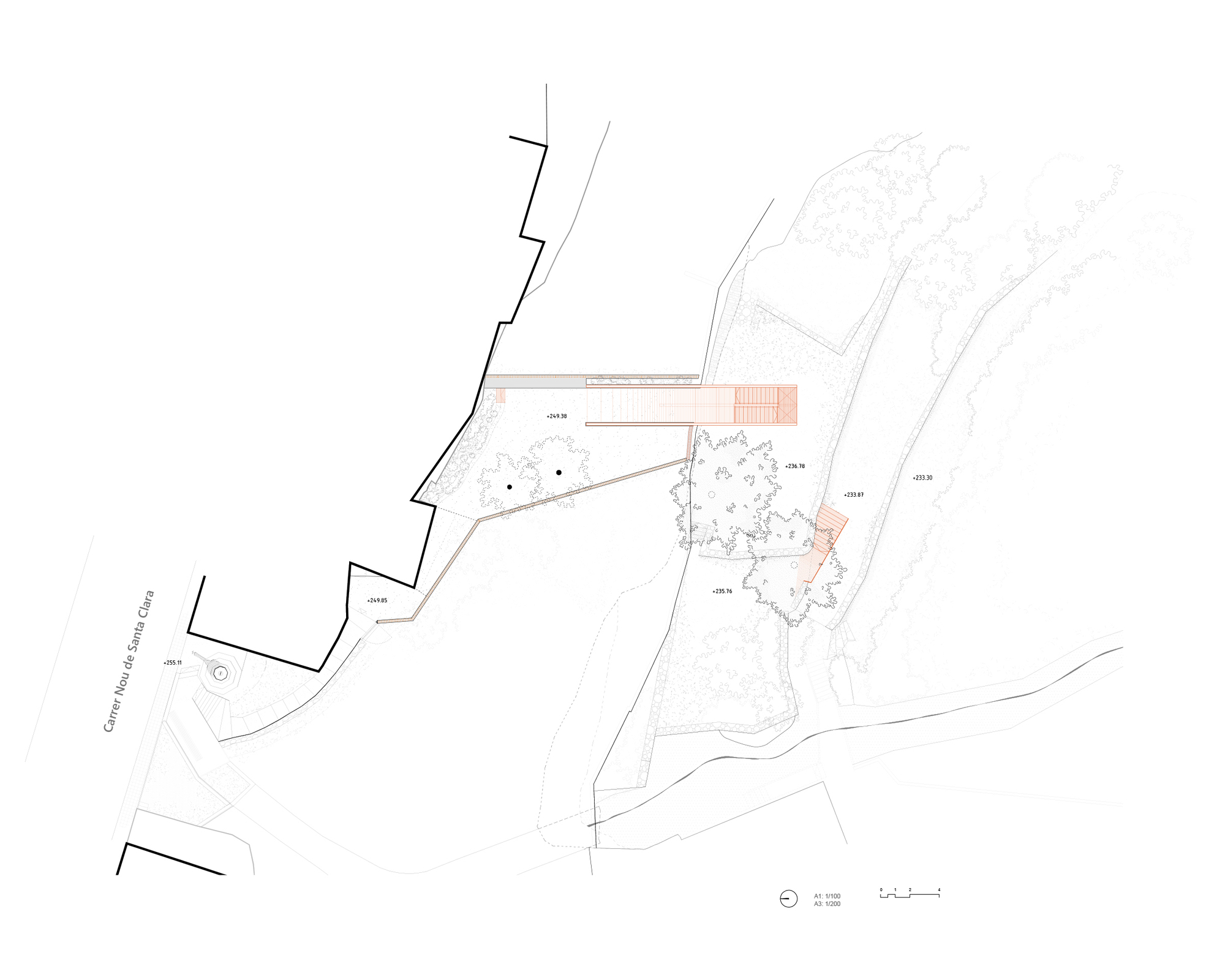 Site plan drawing showing angular building volumes nested within contoured topography and scattered vegetation