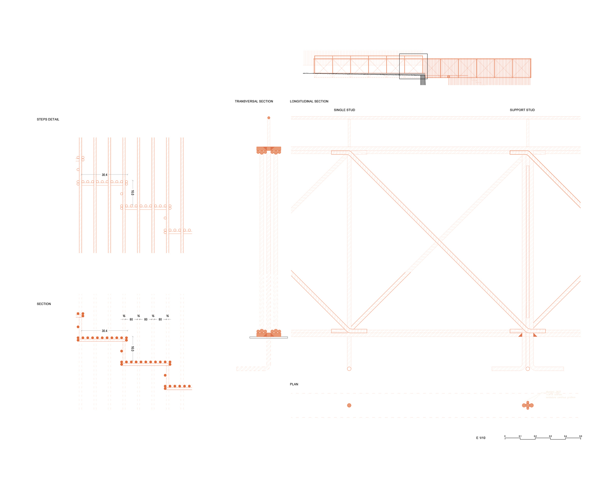 Construction detail drawings depicting timber truss connections and structural assembly with labeled transversal and longitudinal sections