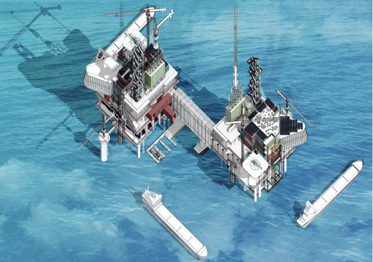 Axonometric view revealing the interconnected offshore platforms and marine circulation systems.