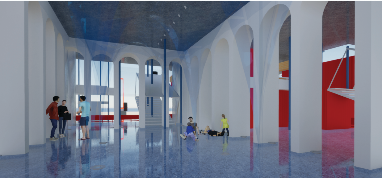 Cathedral-like interiors introduce light, reflection, and monumentality into the industrial framework.