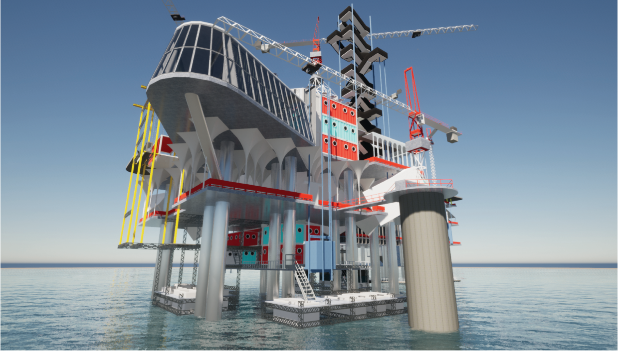 A speculative marine city suspended between isolation, infrastructure, and open horizon views.