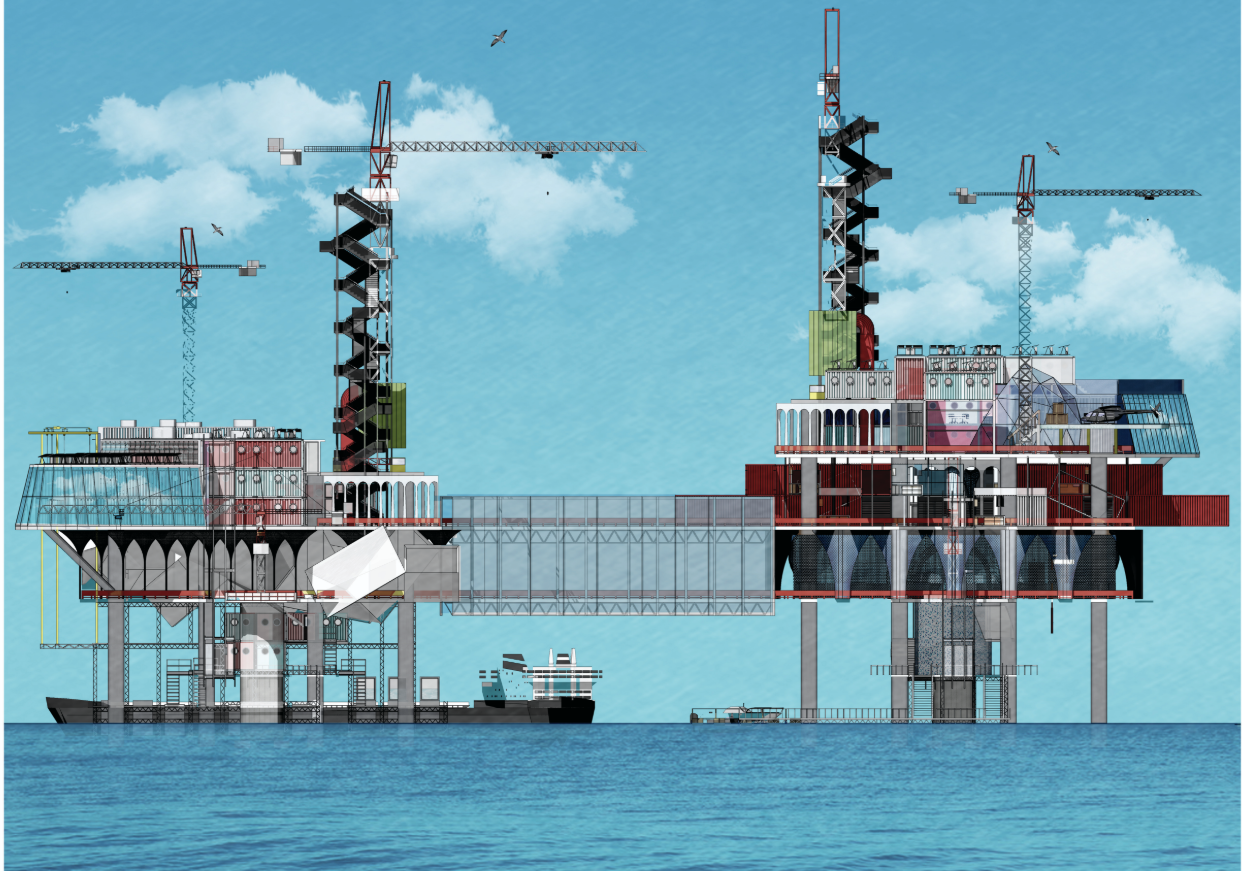 Offshore architecture redefines industrial infrastructure through layered platforms and renewable systems.