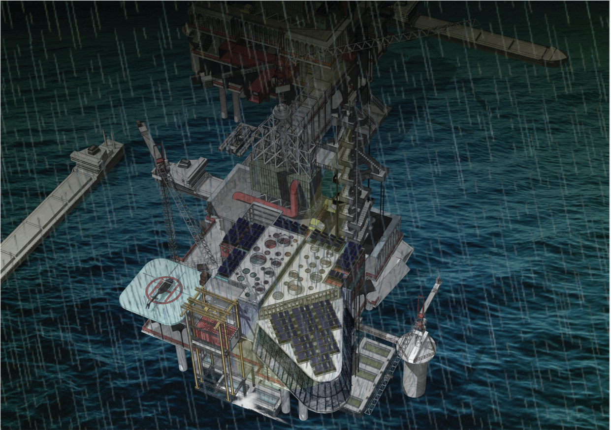 Storm visualization highlighting the atmospheric resilience of the floating offshore research hub.