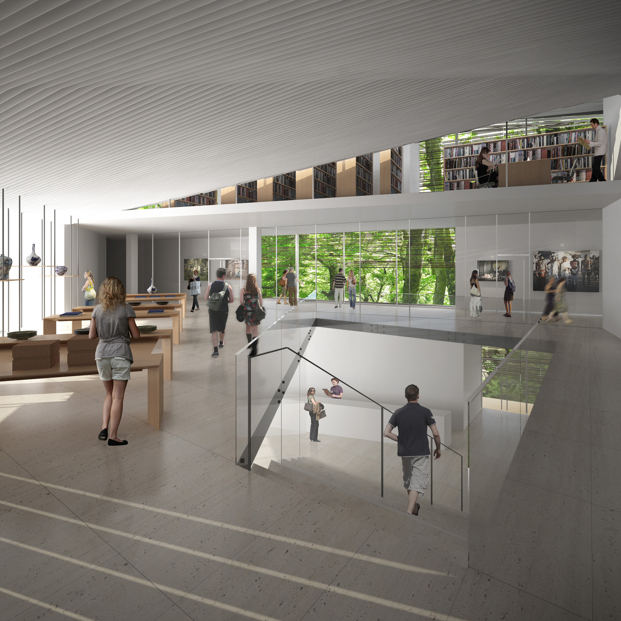 Interior rendering showing the double-height gallery space with mezzanine library and open stairwell below
