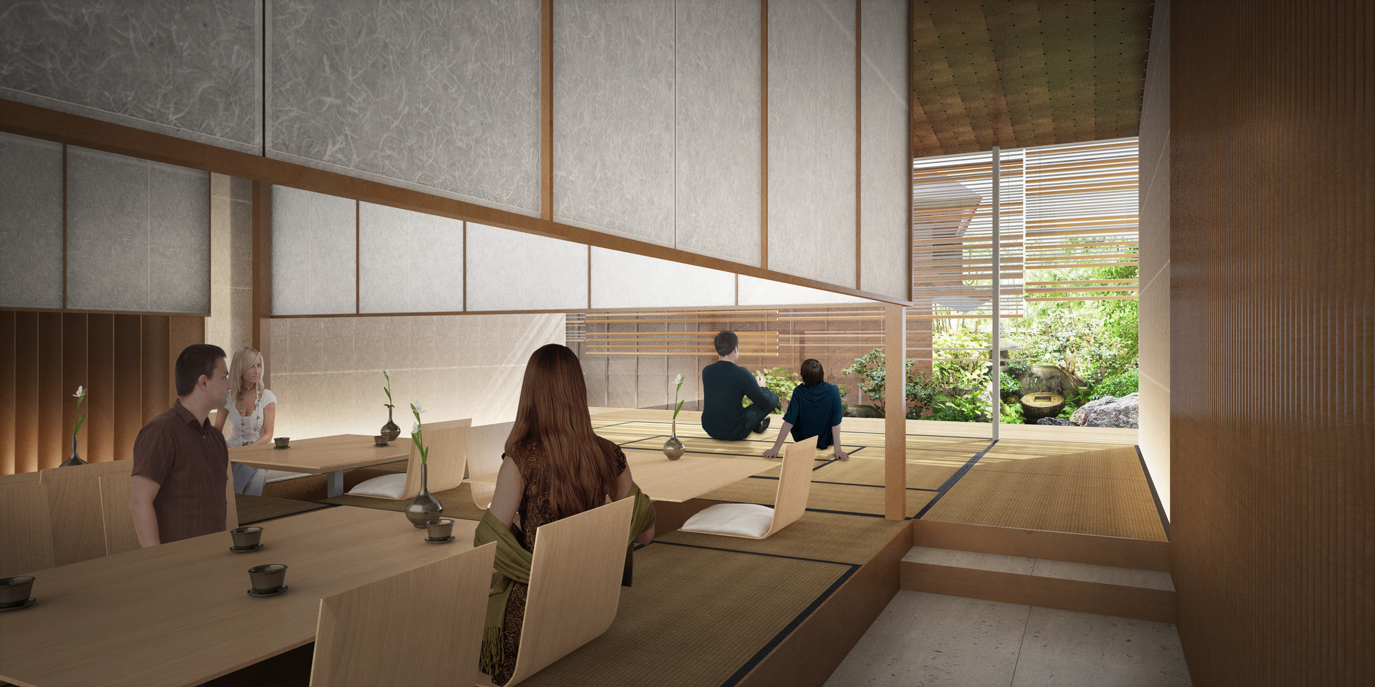 Interior seating area with low timber tables and translucent panels overlooking a courtyard garden