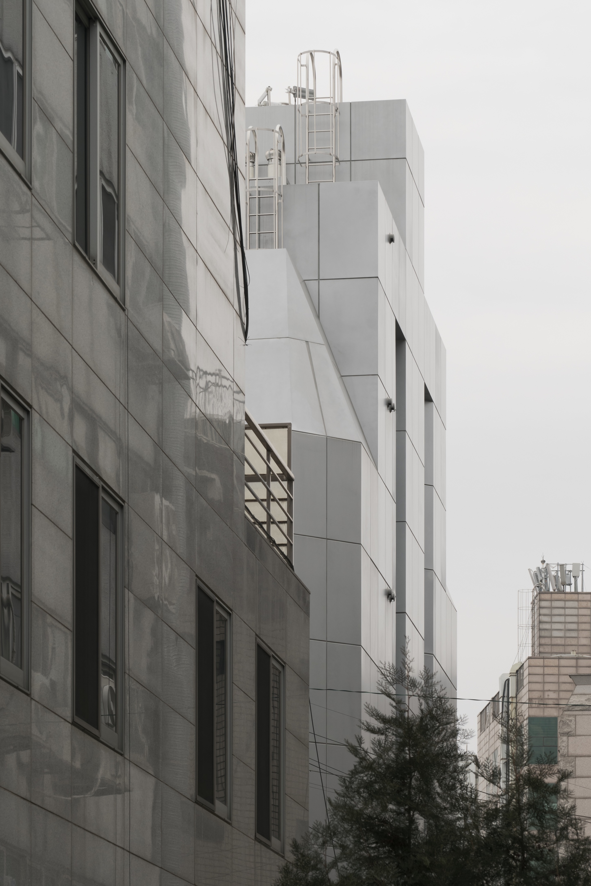 Side elevation showing the white paneled volume rising above neighboring rooftops on an overcast day