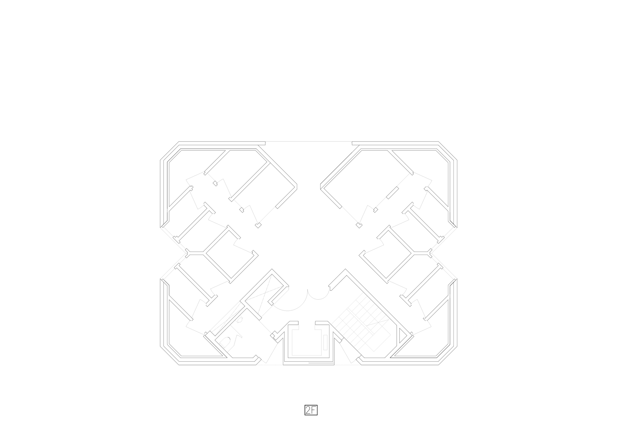 Floor plan drawing showing symmetrical arrangement of angled rooms around a central open space with chamfered corners