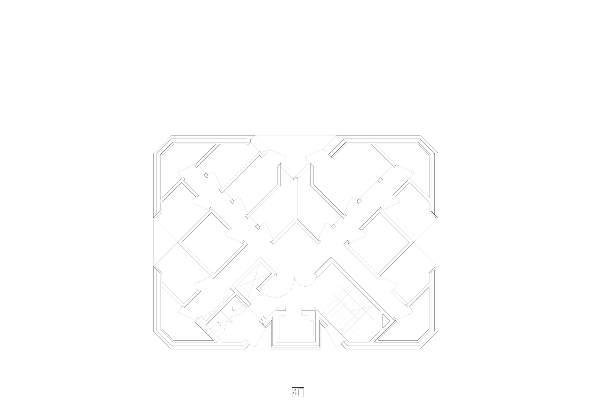 Floor plan drawing illustrating diagonal partitions organizing interior spaces within a rounded rectangular perimeter
