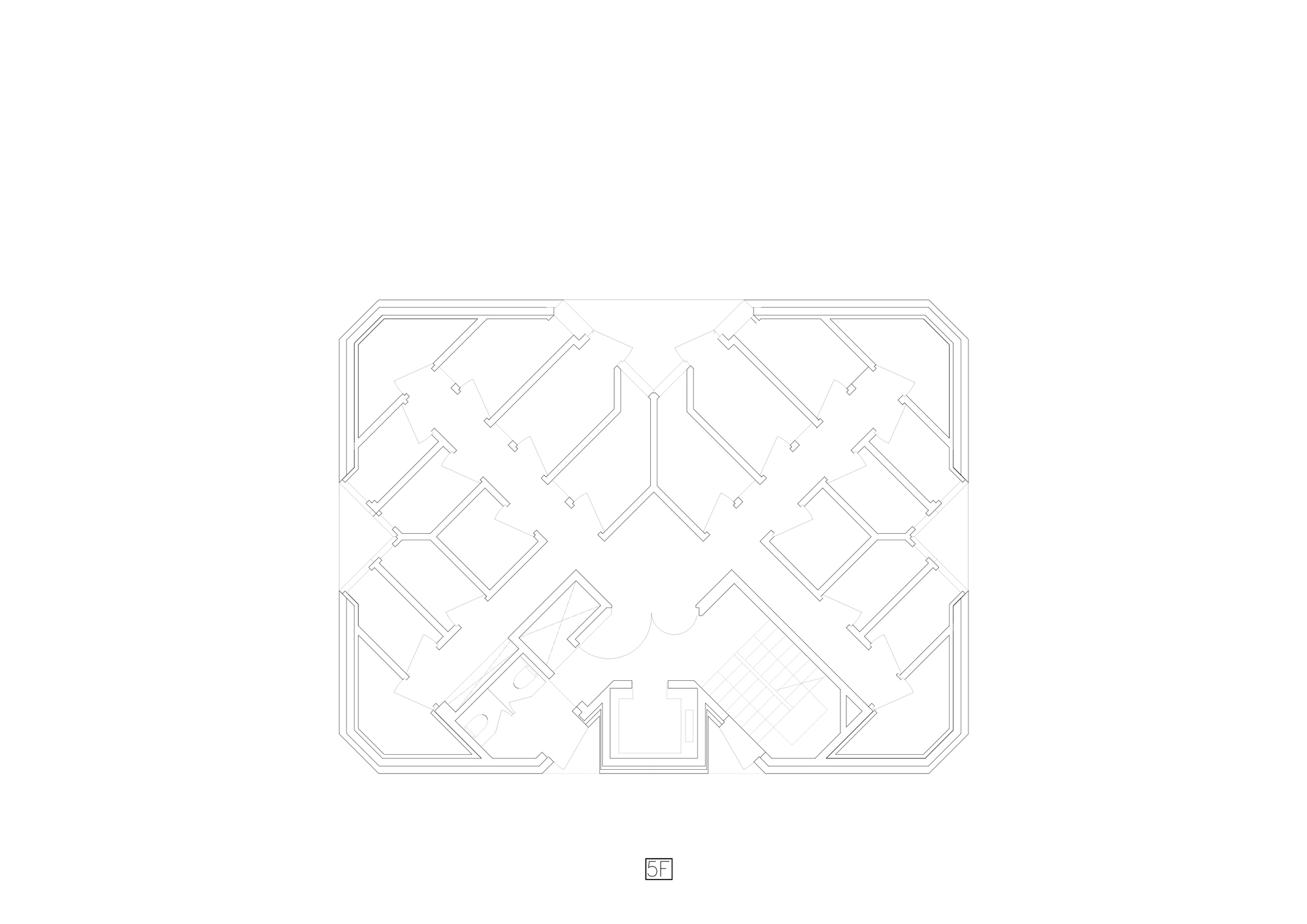 Floor plan drawing showing angled interior walls creating offset chambers around a central circulation axis