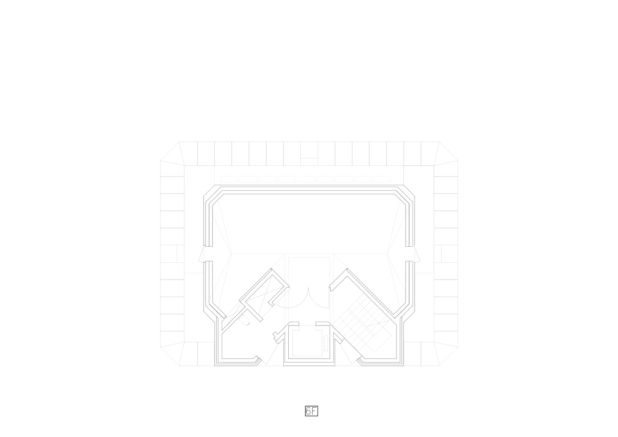Floor plan drawing with a colonnade or arcade surrounding a smaller interior footprint with angular room divisions