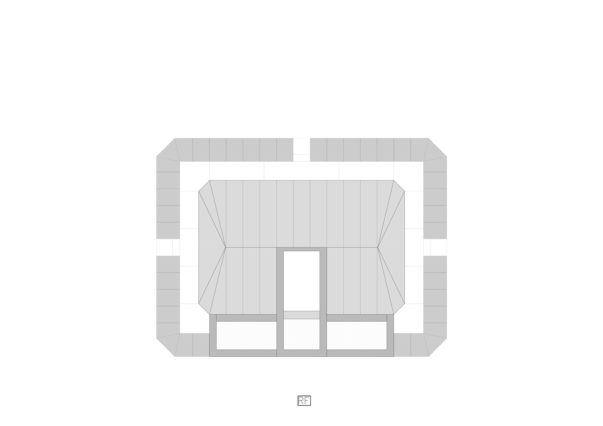 Roof plan drawing depicting angled roof surfaces framing a central skylight opening