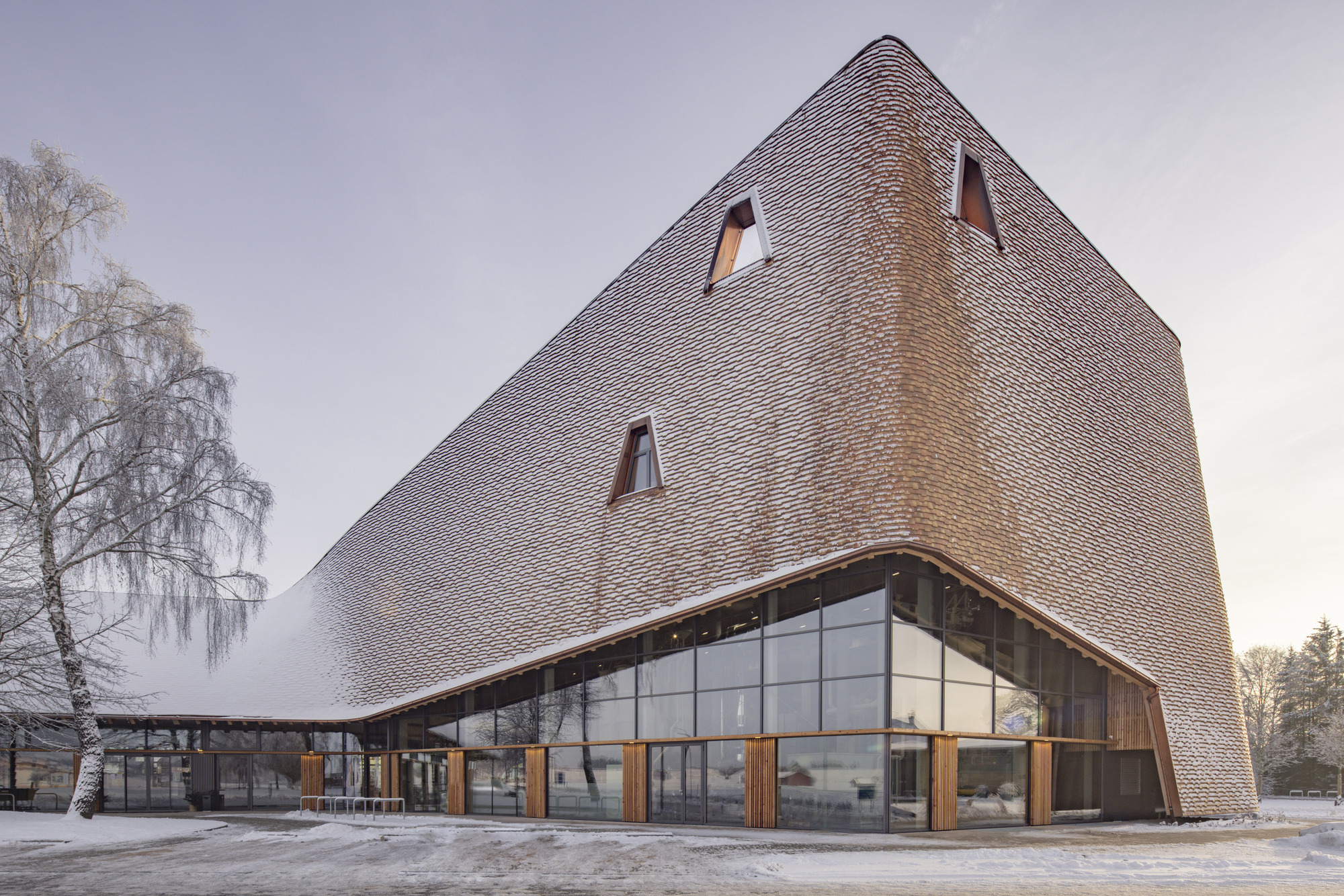 Glazed ground floor beneath the tilted shingled volume with a birch tree in winter