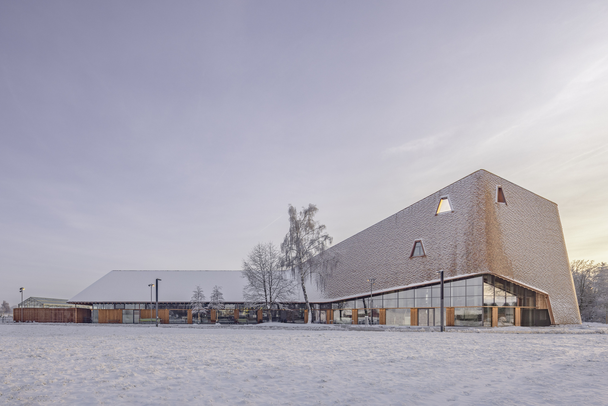 The shingled volume and linear pavilion across a frozen courtyard at dawn