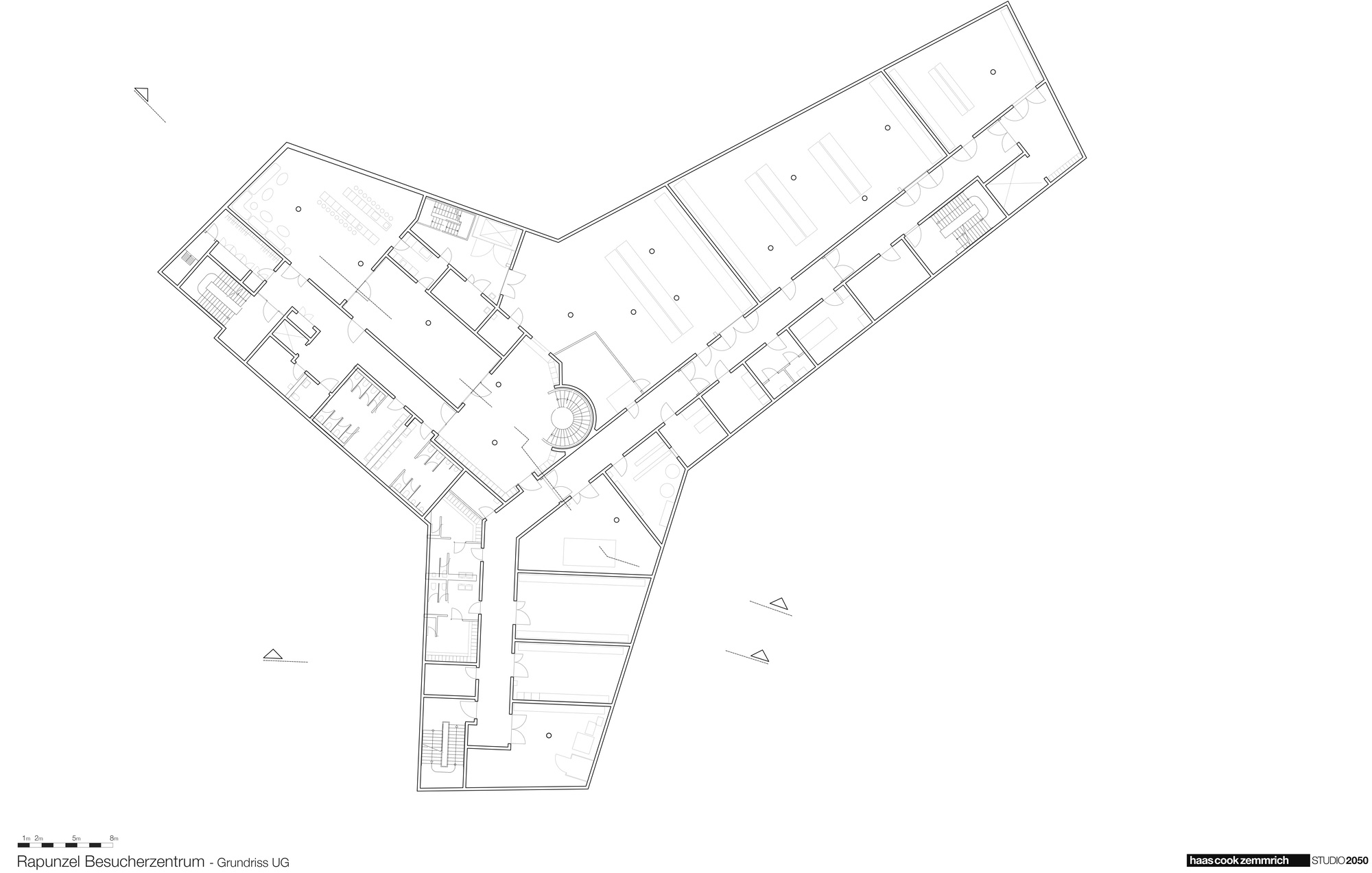 Floor plan drawing showing a Y-shaped building with three wings radiating from a central core