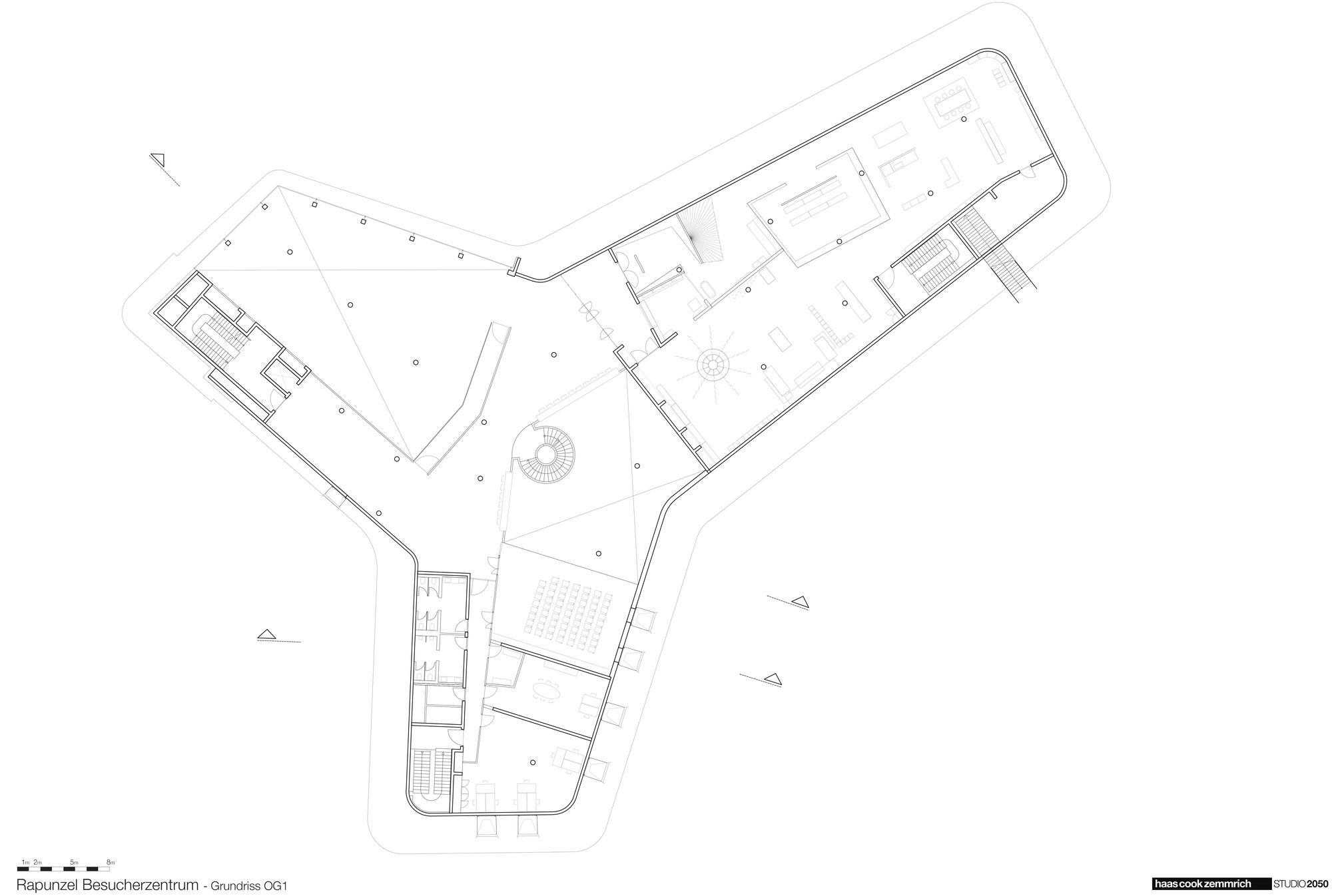 Floor plan drawing depicting the Y-shaped layout with two circular elements in the central courtyard space