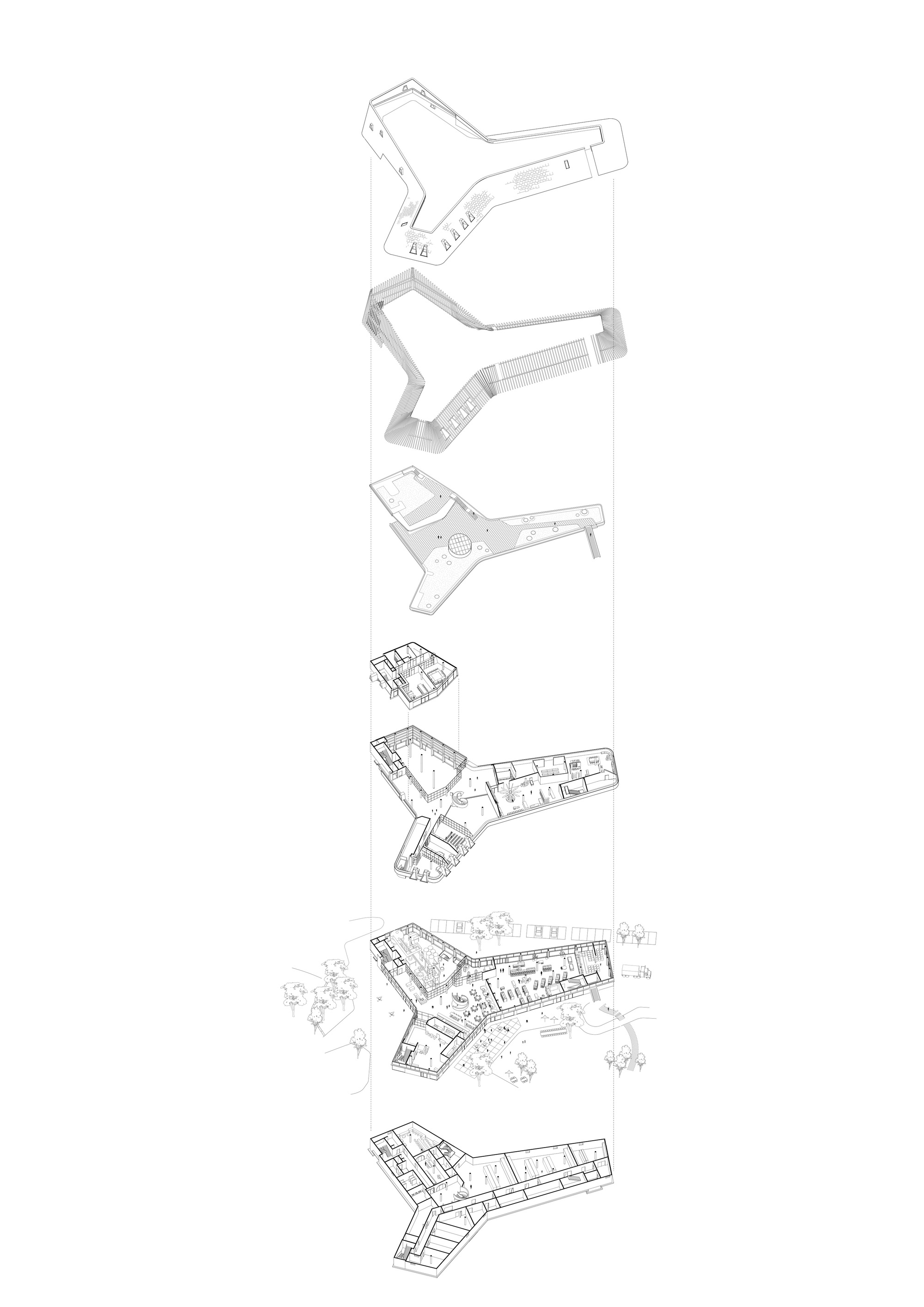 Exploded axonometric drawing showing seven stacked floor plates of the Y-shaped building with surrounding trees