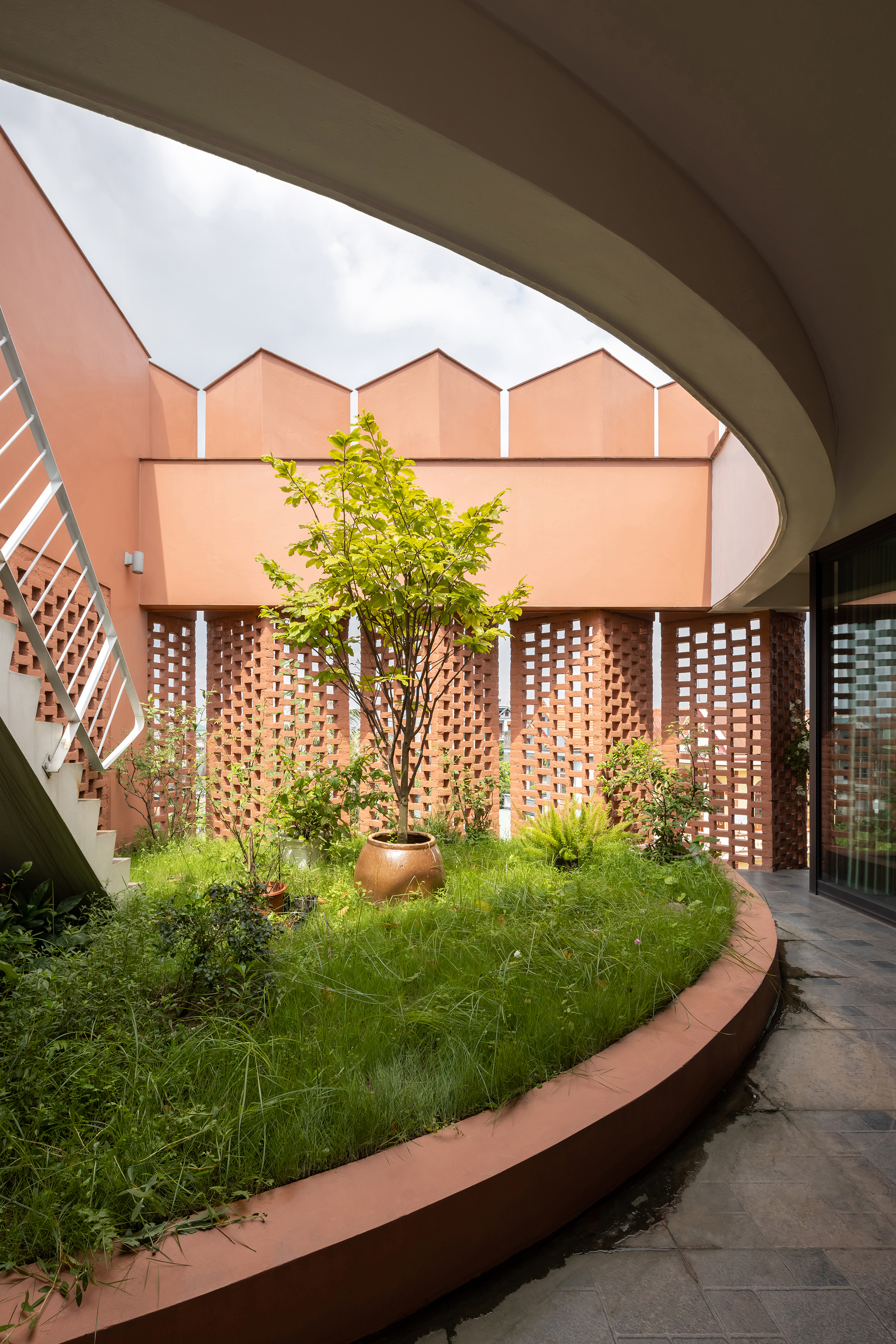 Curved internal courtyard with raised planting bed, tree in copper vessel, and perforated screen walls framing sky