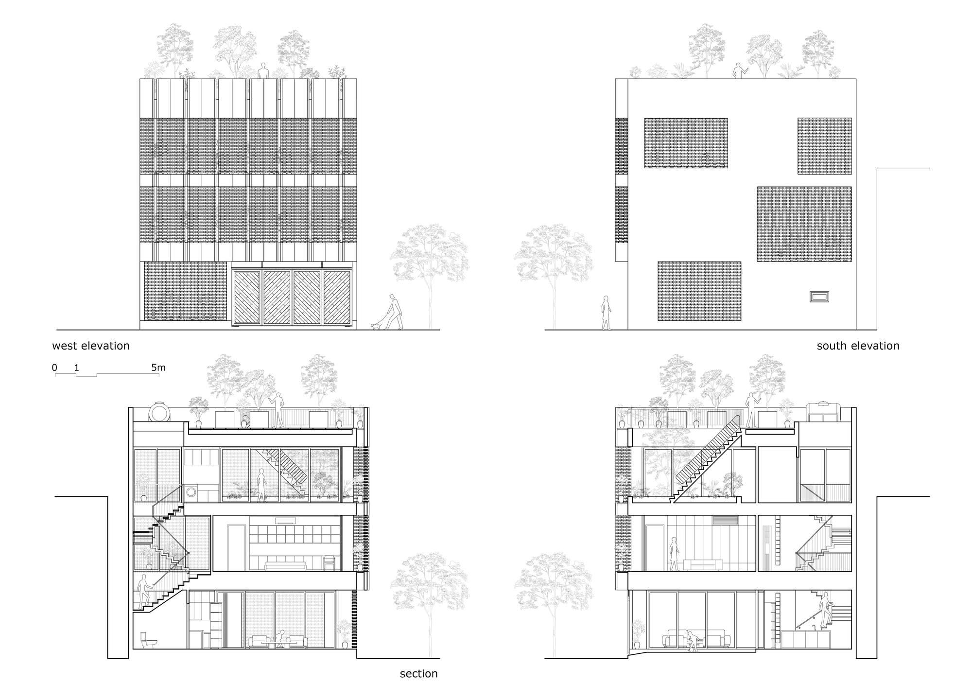 Elevation and section drawings showing the screened facade with rooftop trees and internal circulation