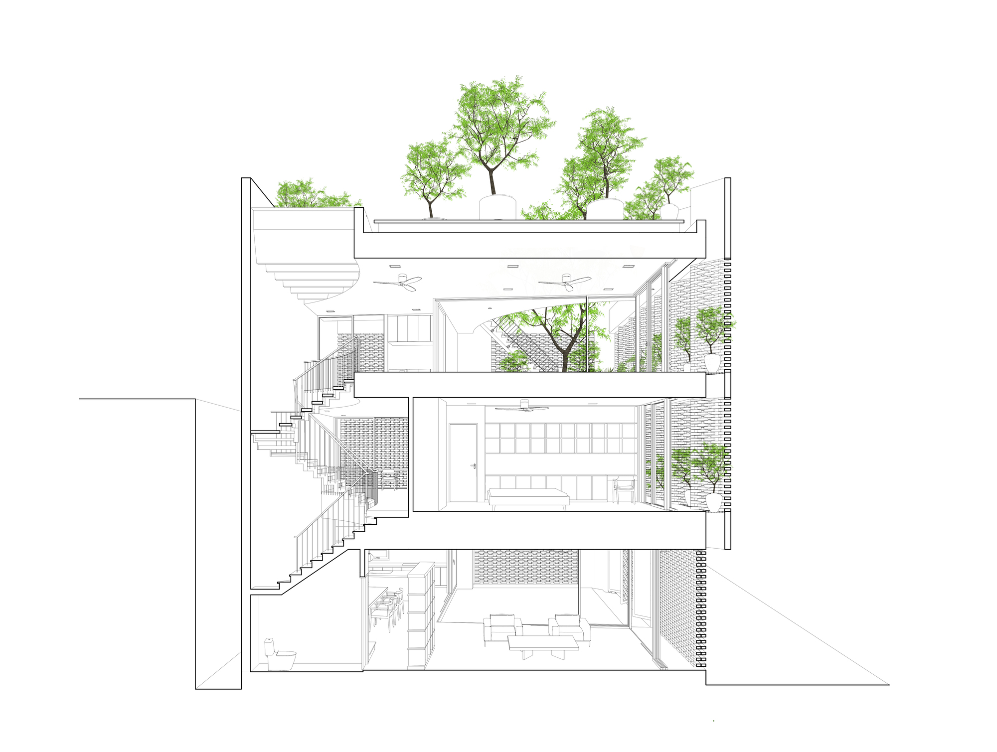 Section drawing revealing staggered interior levels with planted terraces and perforated screening