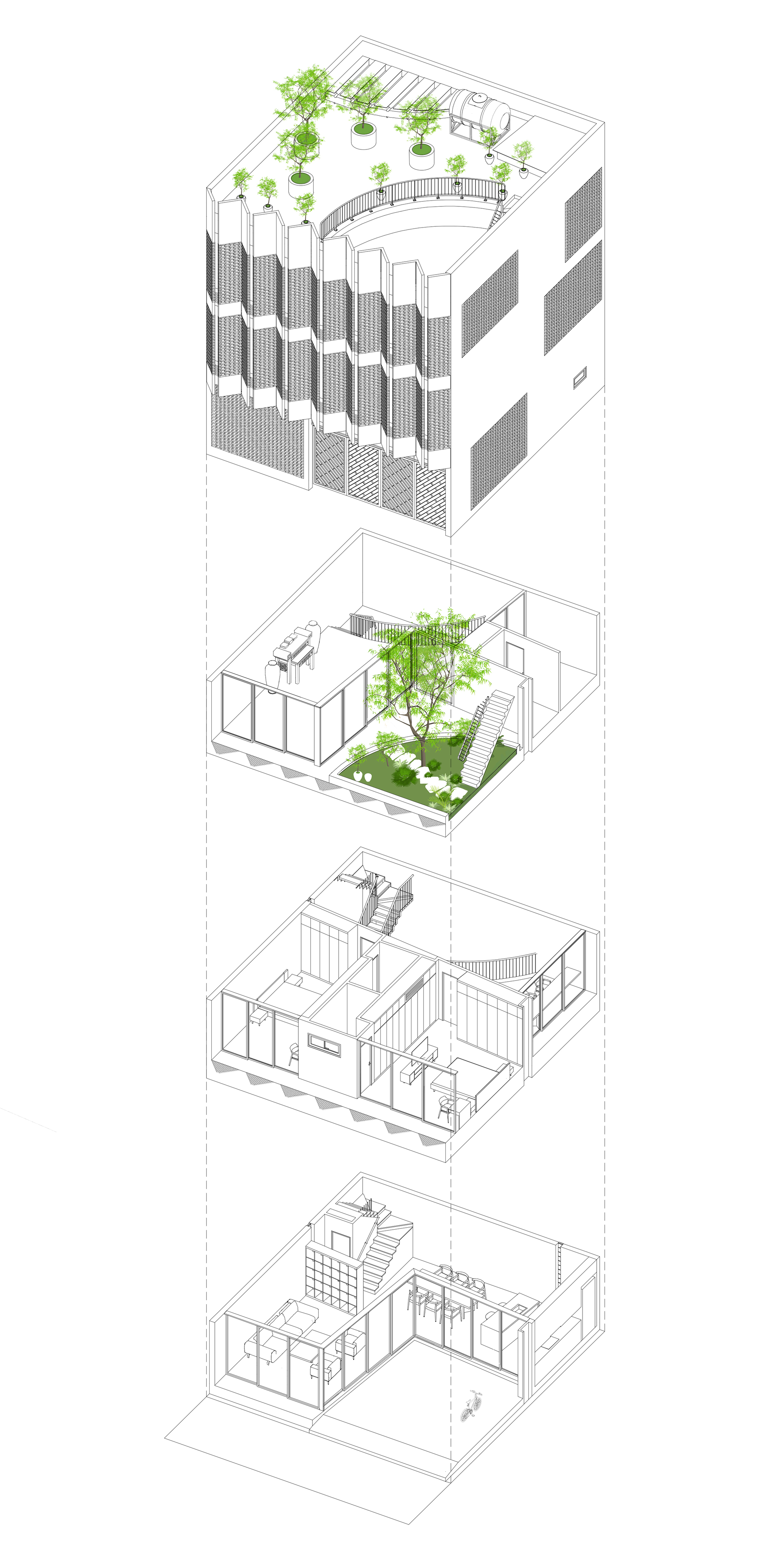 Exploded axonometric drawing showing four levels from rooftop garden down through interior spaces