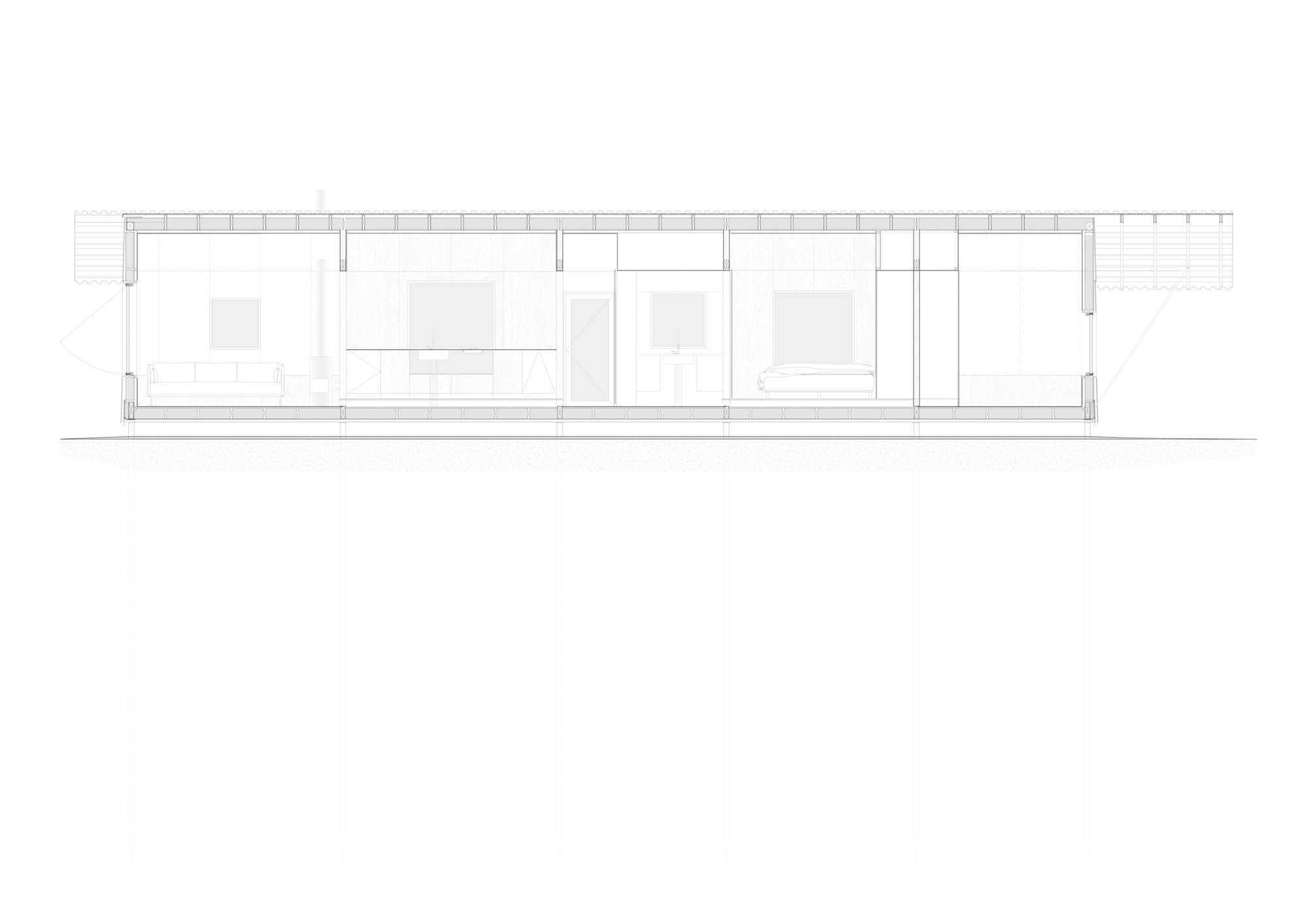 Section drawing showing the interior volume with gabled roof and window openings along the length