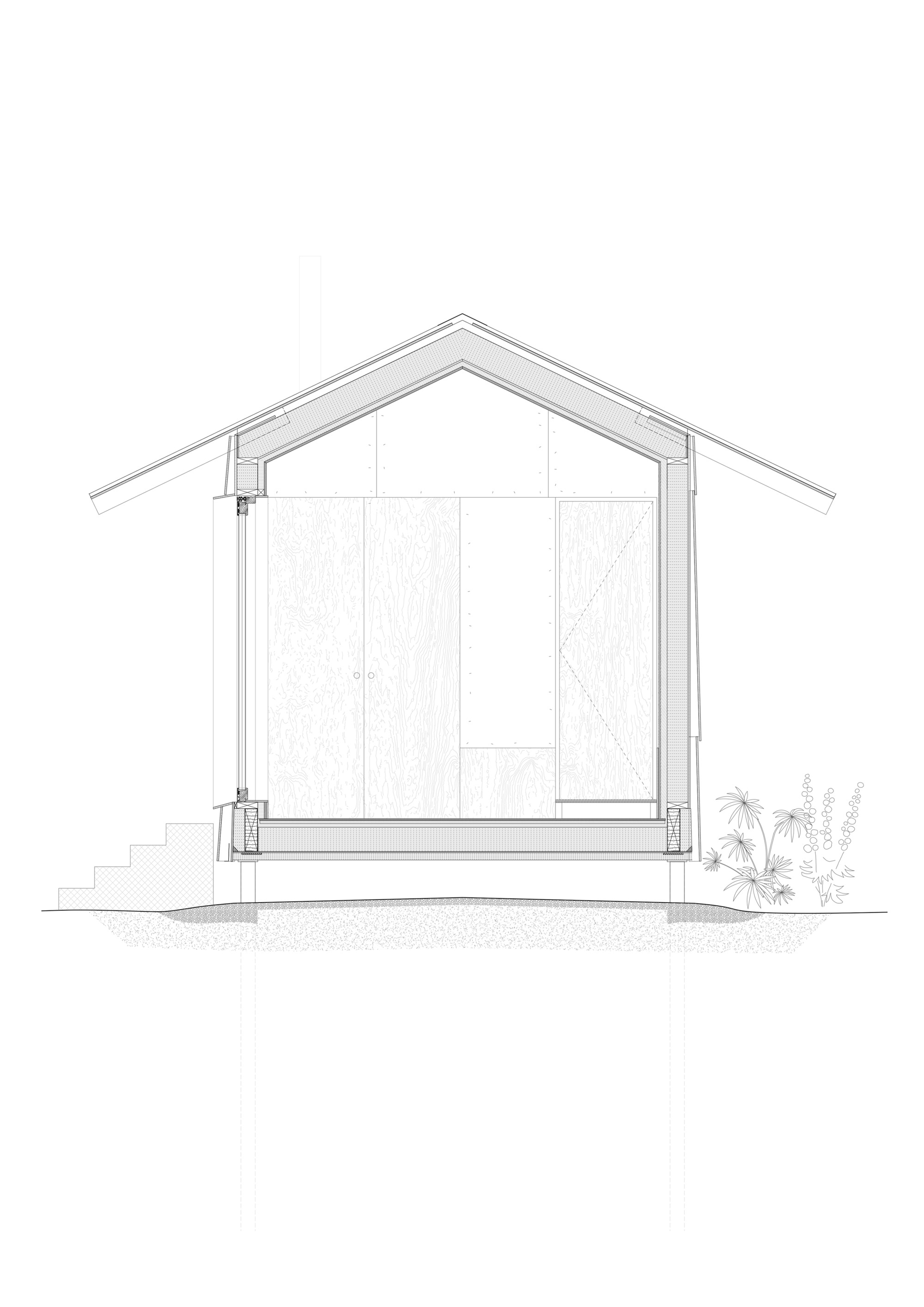 Elevation drawing depicting the gabled entry facade with timber cladding and planted groundcover