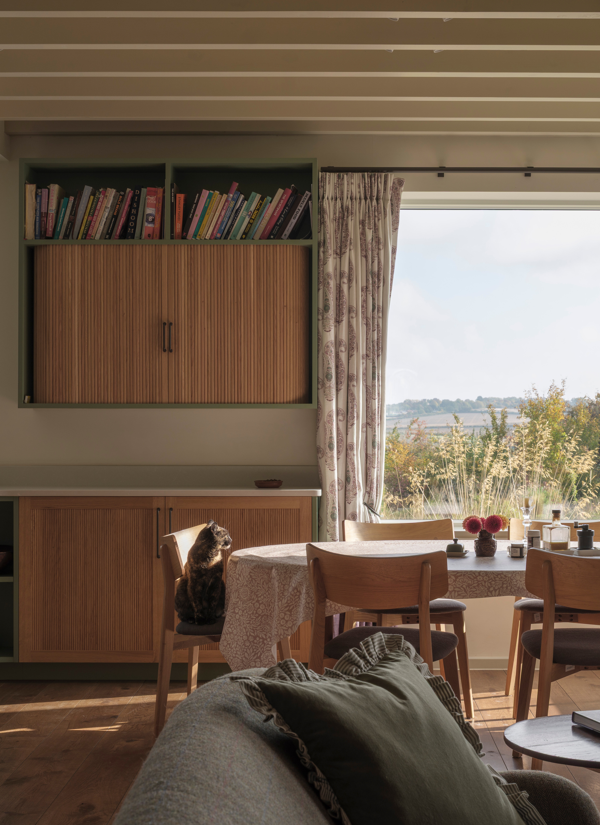 Living area with built-in storage, a cat on the bench and countryside views through the window