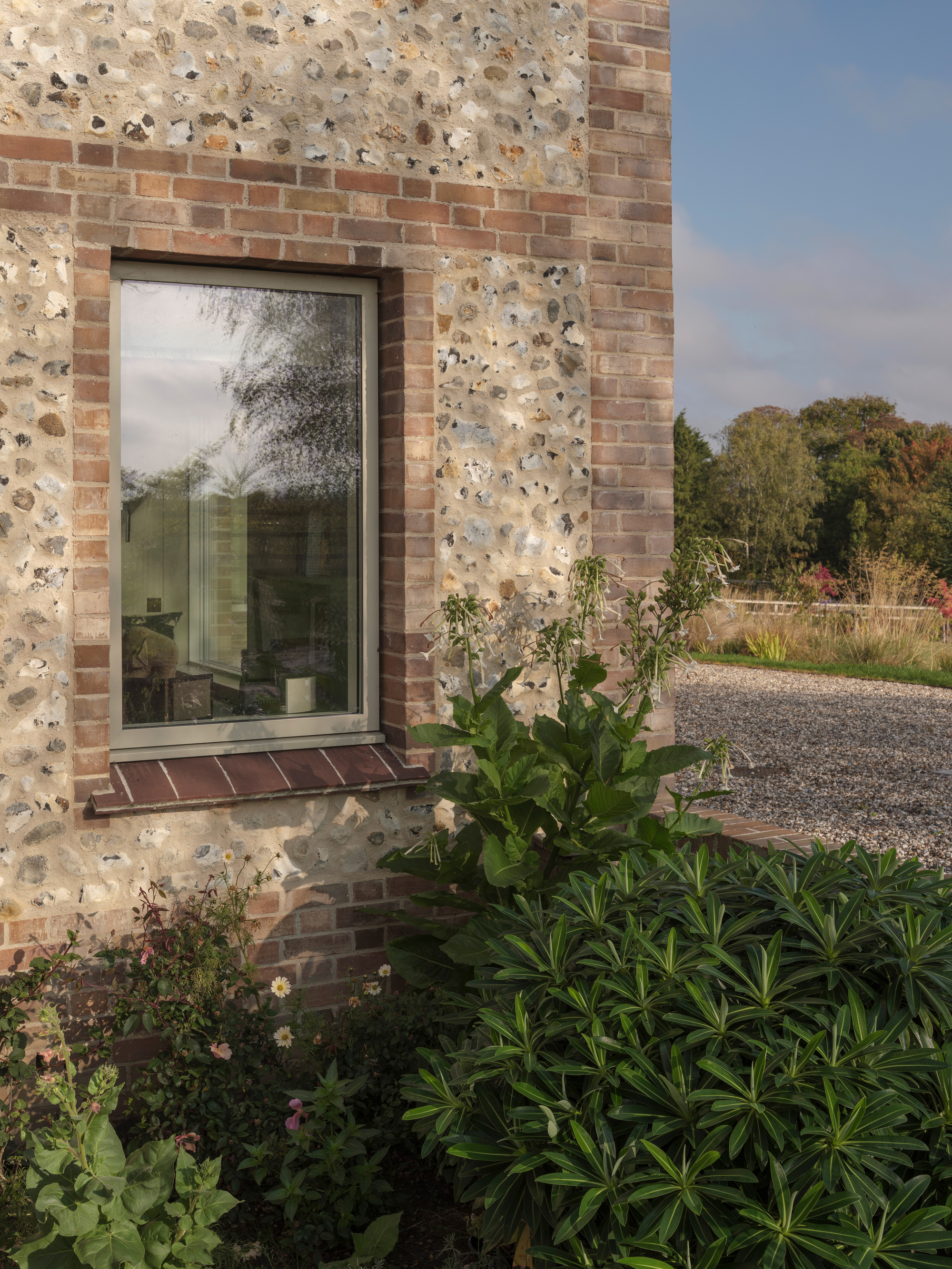Window set in flint and brick wall with planted bed in afternoon light