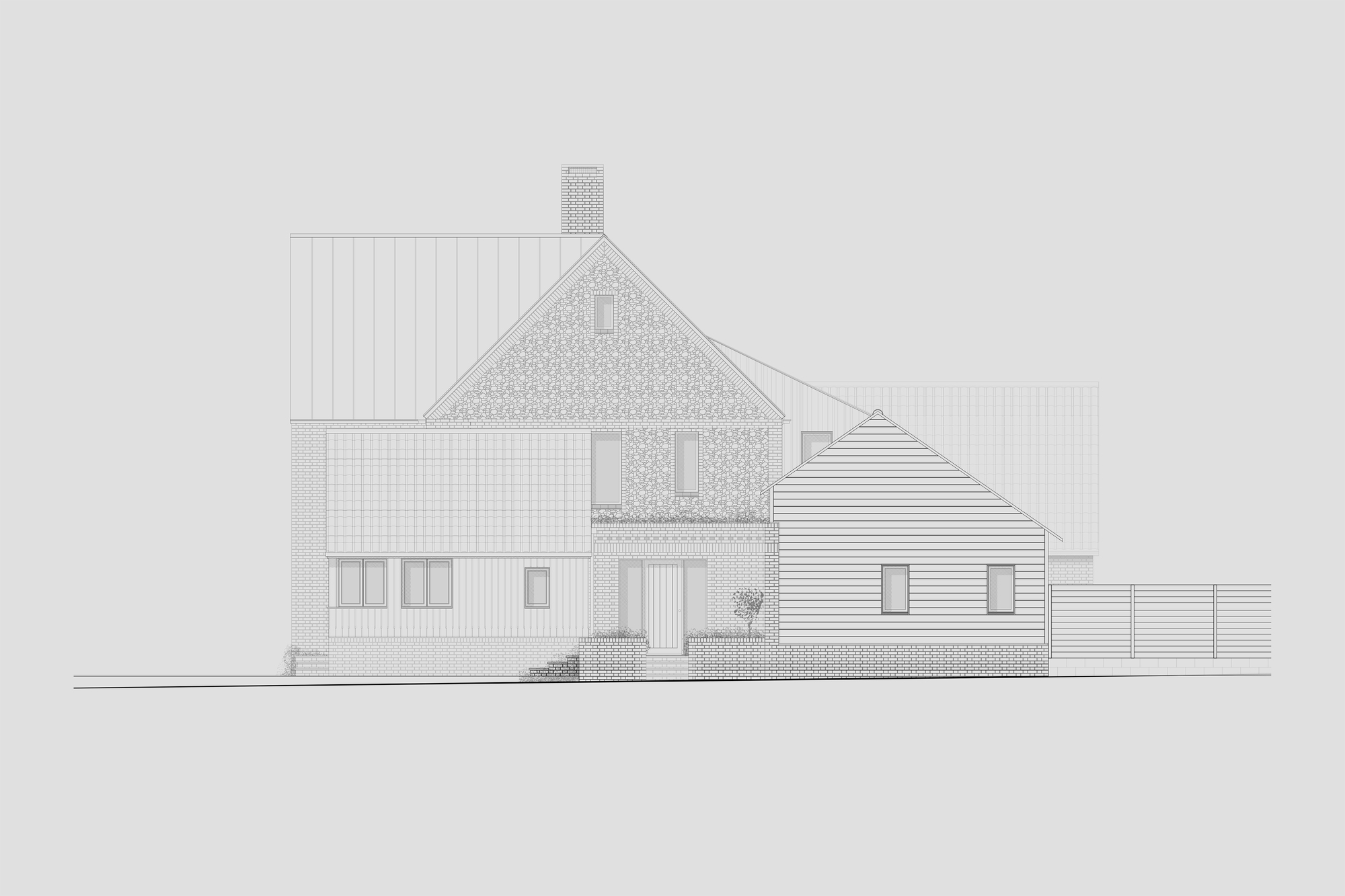 Elevation drawing of clustered gabled volumes clad in brick and horizontal siding with planted beds