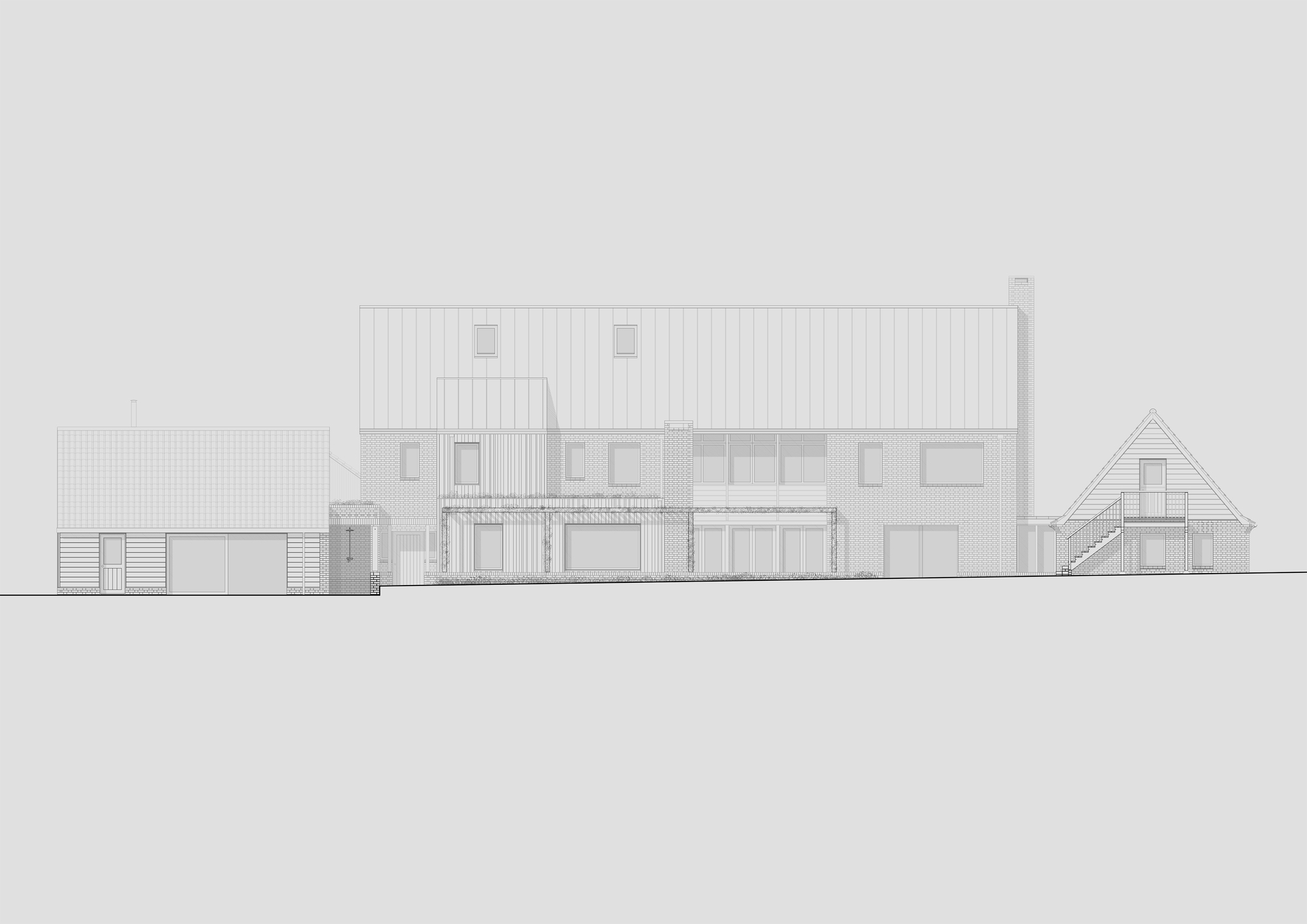 Elevation drawing of vertical-clad volumes with punched windows and a gabled ancillary structure
