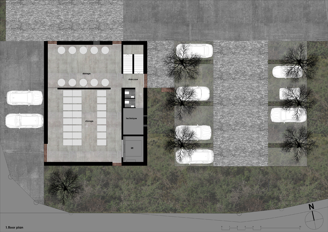 First floor plan showing rectangular table arrangement in main room with adjacent support spaces
