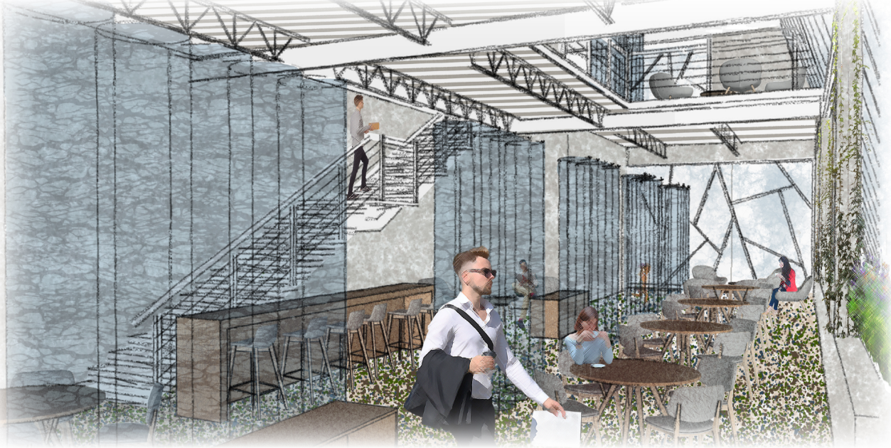 Interior café view showing greenhouse seating, exposed structure, planted flooring, and a layered industrial green atmosphere.