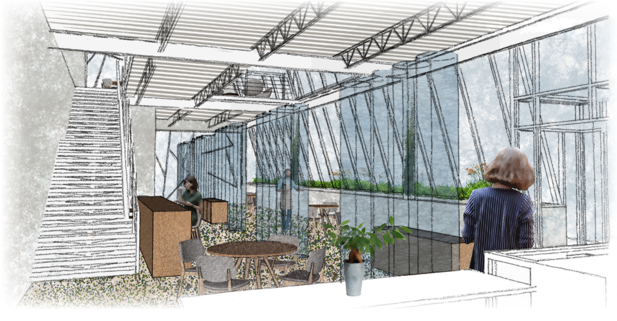 Café interior connecting seating, planting beds, daylight, and transparent partitions within a productive greenhouse setting.