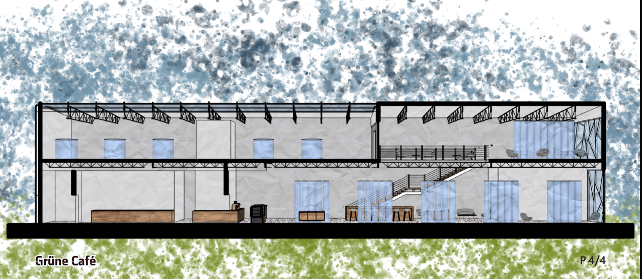 Longitudinal section showing the café’s double-height structure, glazing, circulation, and passive environmental strategy.