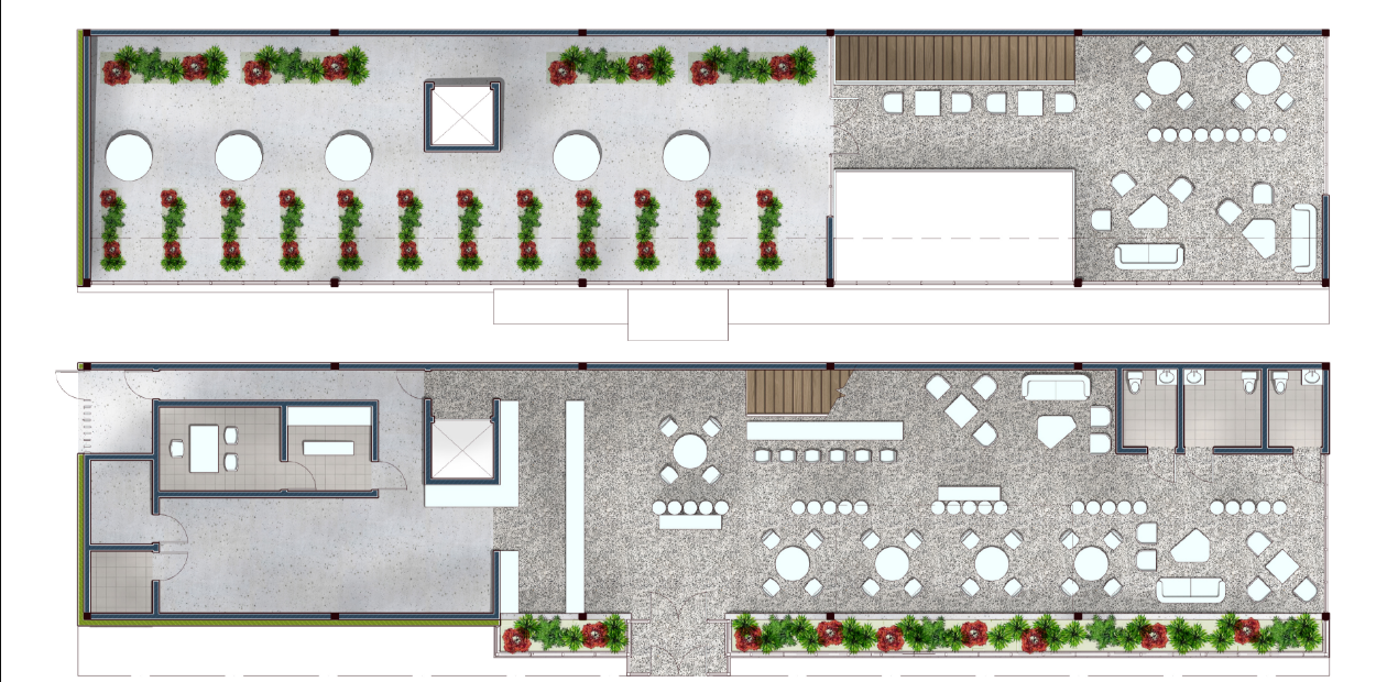 Floor plans highlighting the café layout, greenhouse planting zones, public seating areas, service spaces, and circulation.