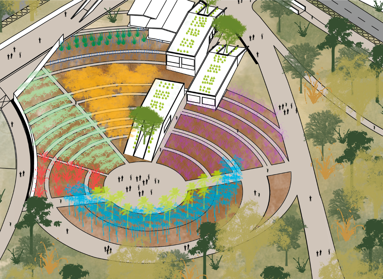 Productive garden terraces organize community farming, learning, and gathering within the LEAF Temple landscape.