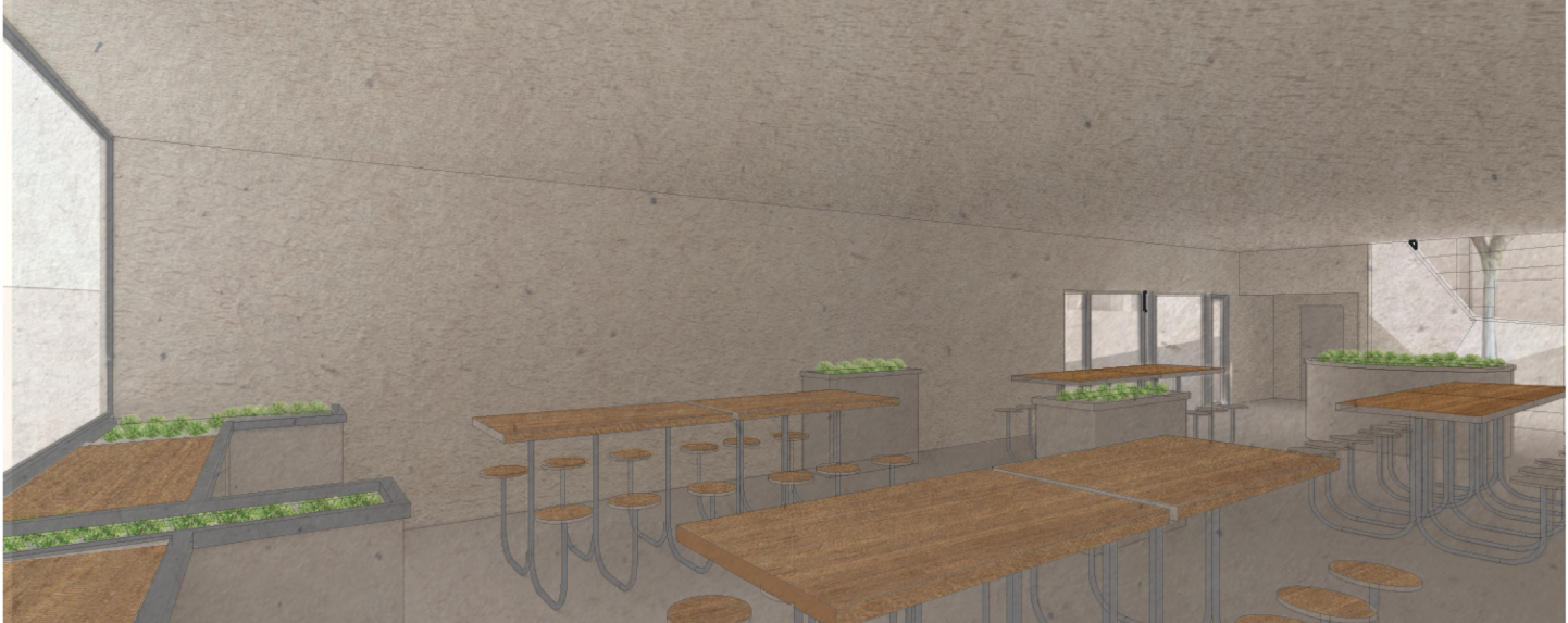Interior gardening spaces merge seating, planting beds, and community education in a calm, material-focused setting.