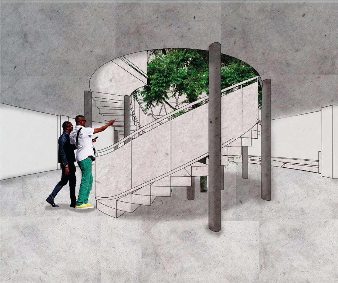 A shaded interior stair frames vegetation as part of the visitor’s movement through the Water Dome.