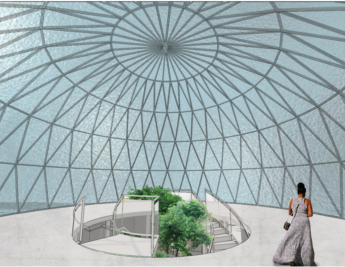 The dome interior creates a contemplative atmosphere through filtered light, structure, water, and planting.